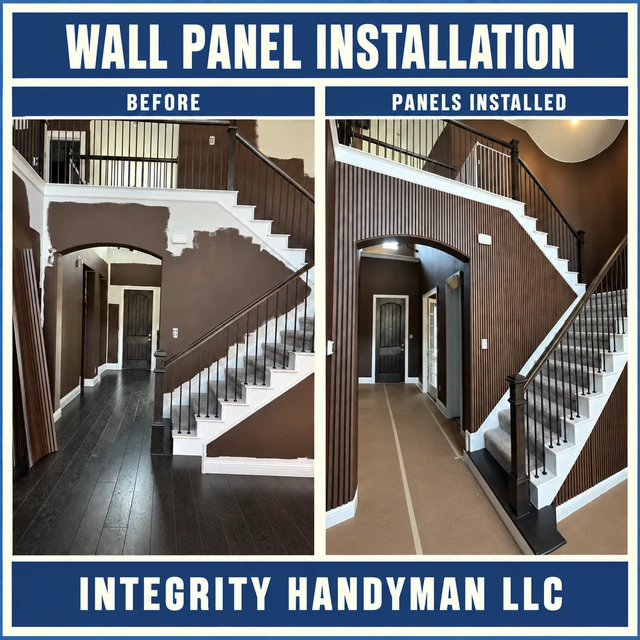 Before-and-after comparison of vertical wall panels installed around a staircase and arched doorway